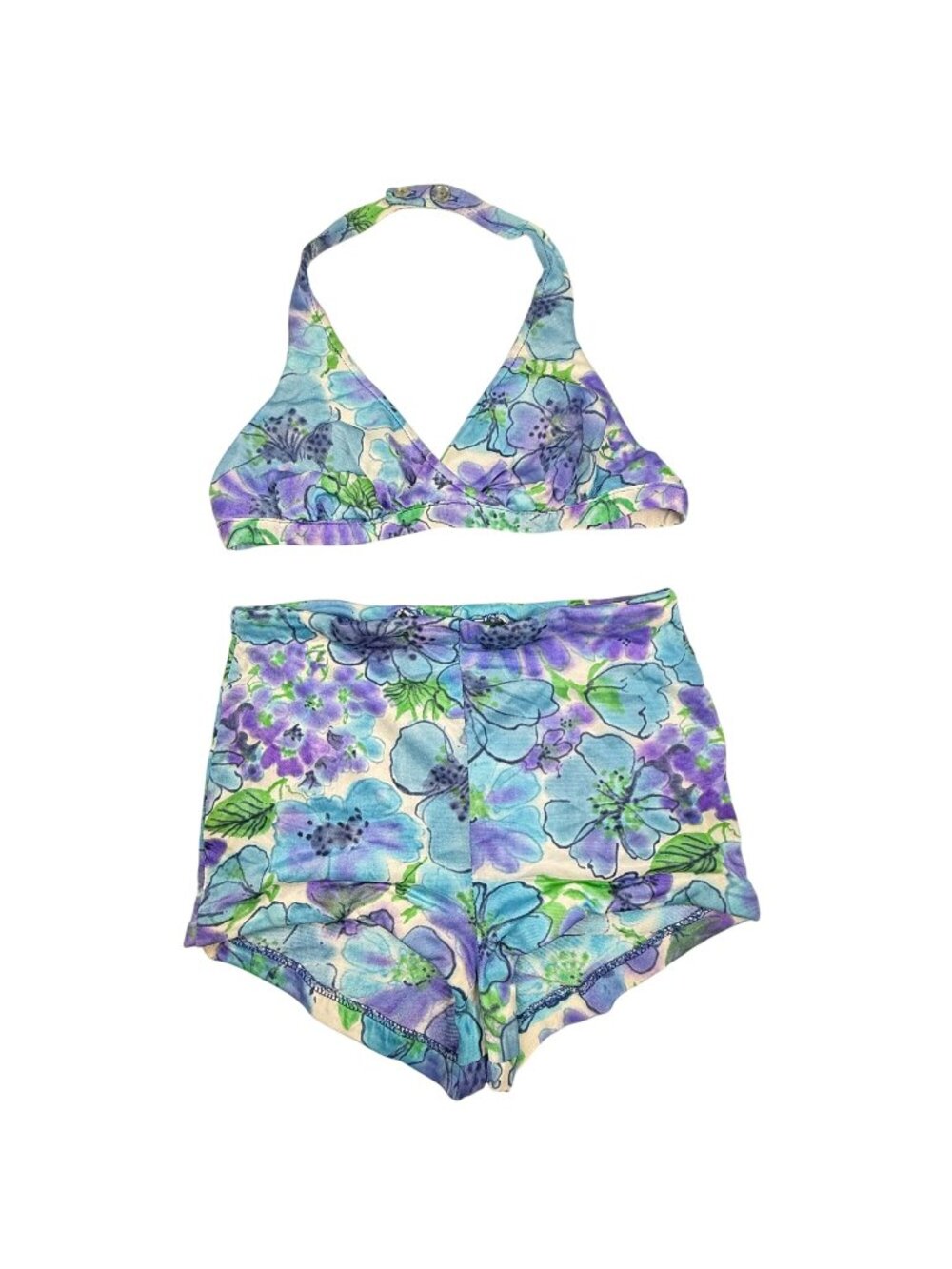 Vintage Sirena Blue Purple Floral 2pc Bathing Suit Size 10 Needs Repairing As-Is